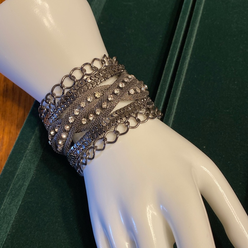 Chunky Silver Tone Crystal Multi-Row Bracelet - Picture 3 of 16